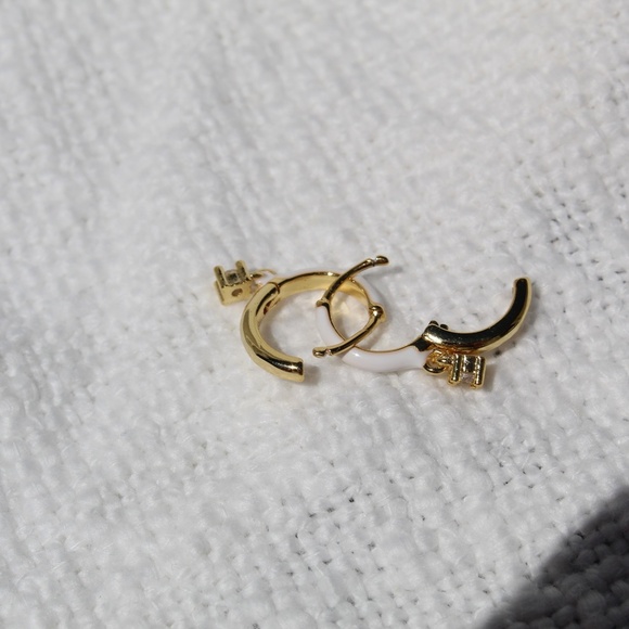 Sterling Silver White Enamel Hoop Earrings with Simulated Diamond - Picture 4 of 11